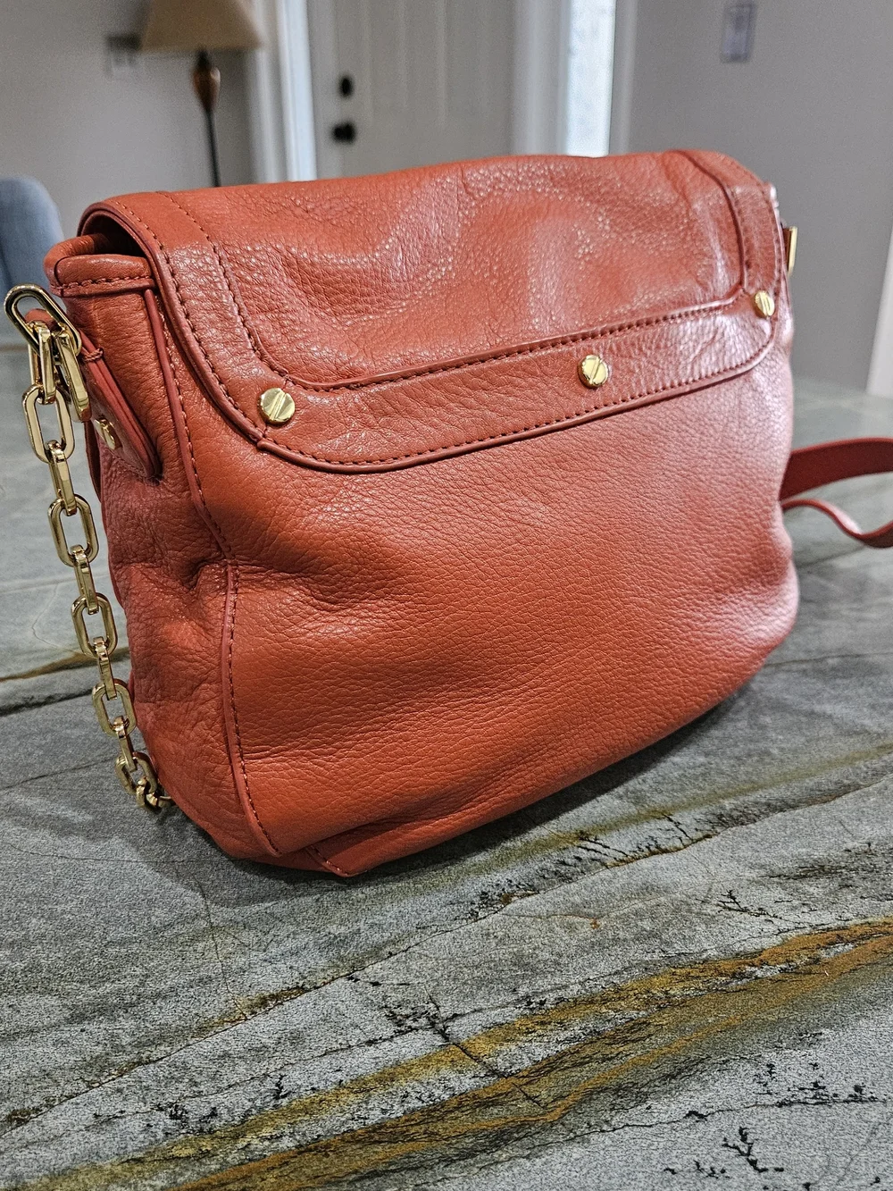 Tory Burch Amanda Logo Clutch Crossbody Coral Pebbled Leather Gold Chain